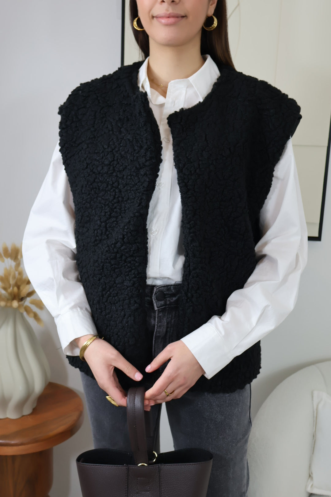 ADELE BLACK FAUX FUR SLEEVELESS VEST