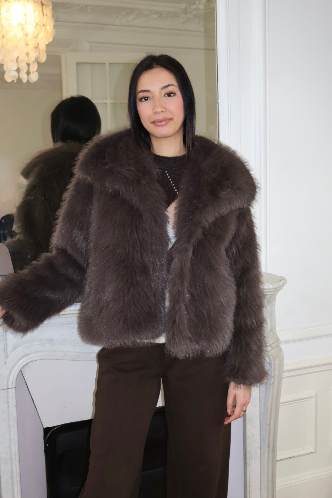 COFFEE FAUX FUR COAT
