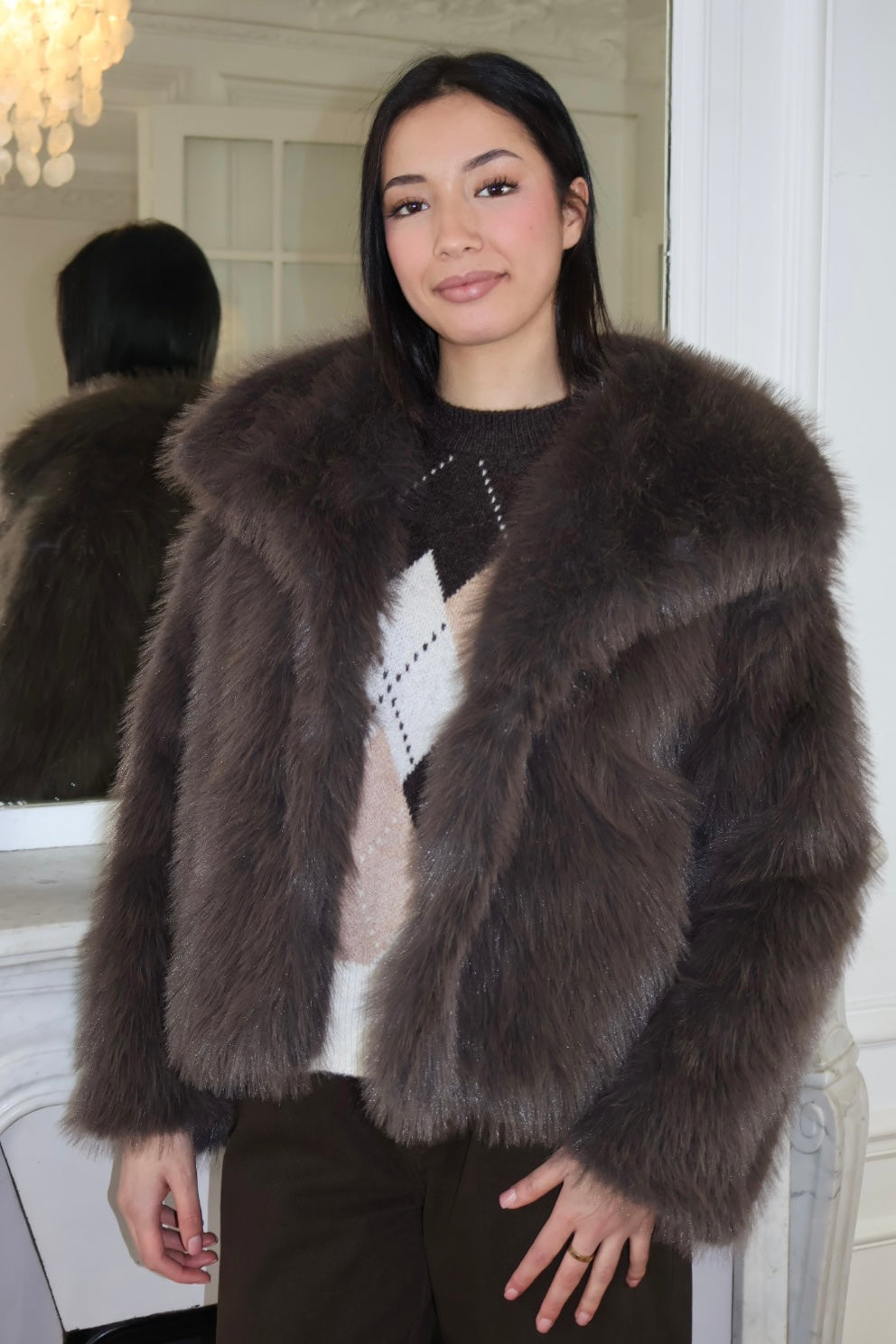 COFFEE FAUX FUR COAT