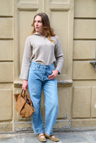 Pull court col zippé beige chiné
