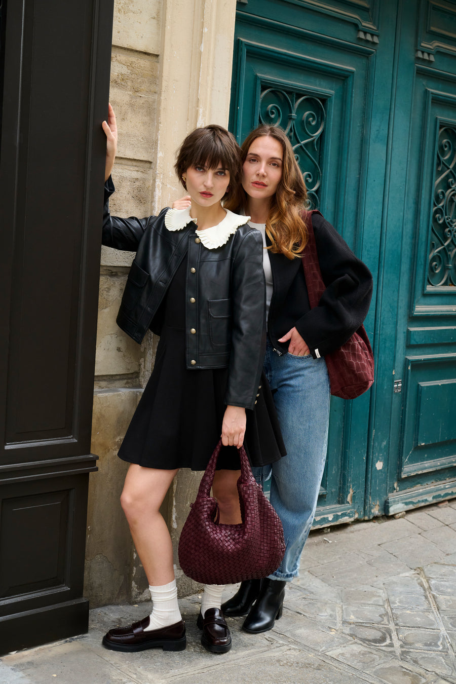 Veste courte effet cuir noir avec col amovible