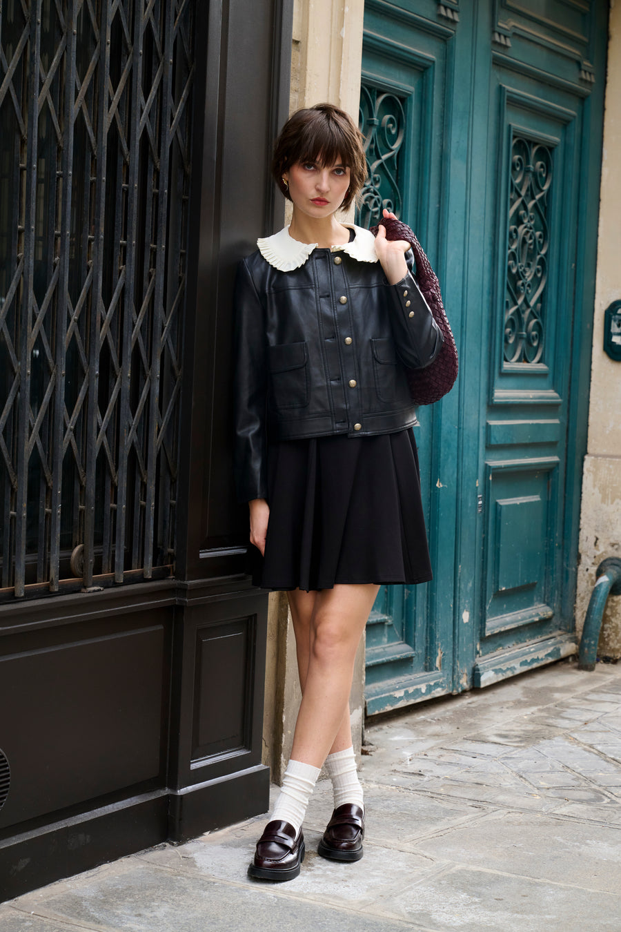 Veste courte effet cuir noir avec col amovible