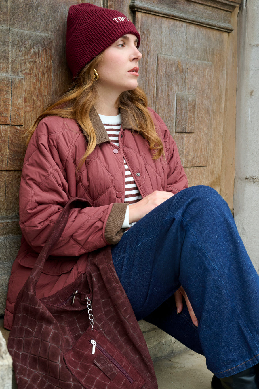 Sac Hobo Quilté Effet Croco en Cuir Suédé Burgundy