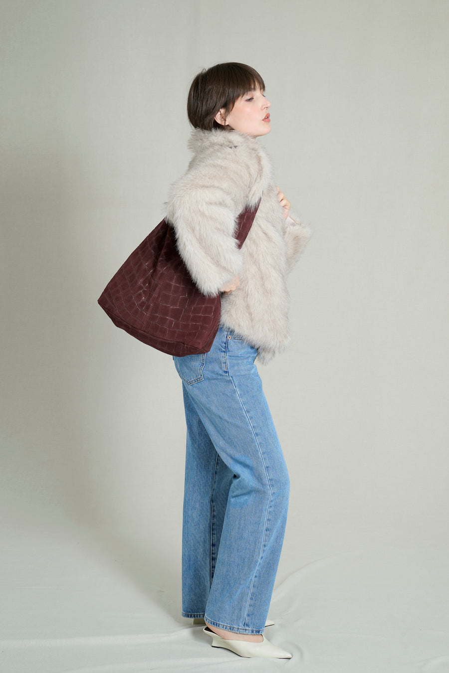 Sac Hobo Quilté Effet Croco en Cuir Suédé Burgundy