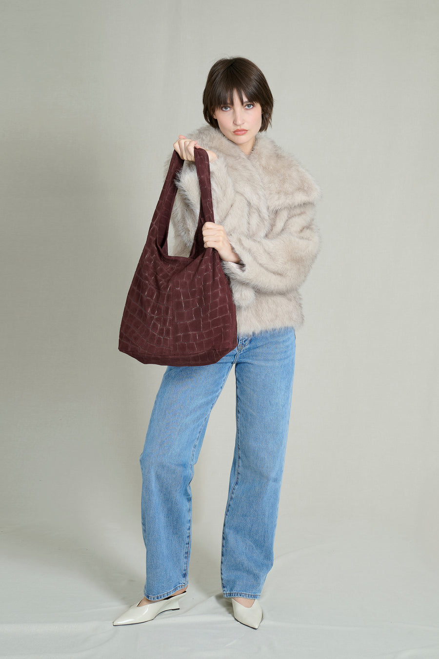 Sac Hobo Quilté Effet Croco en Cuir Suédé Burgundy