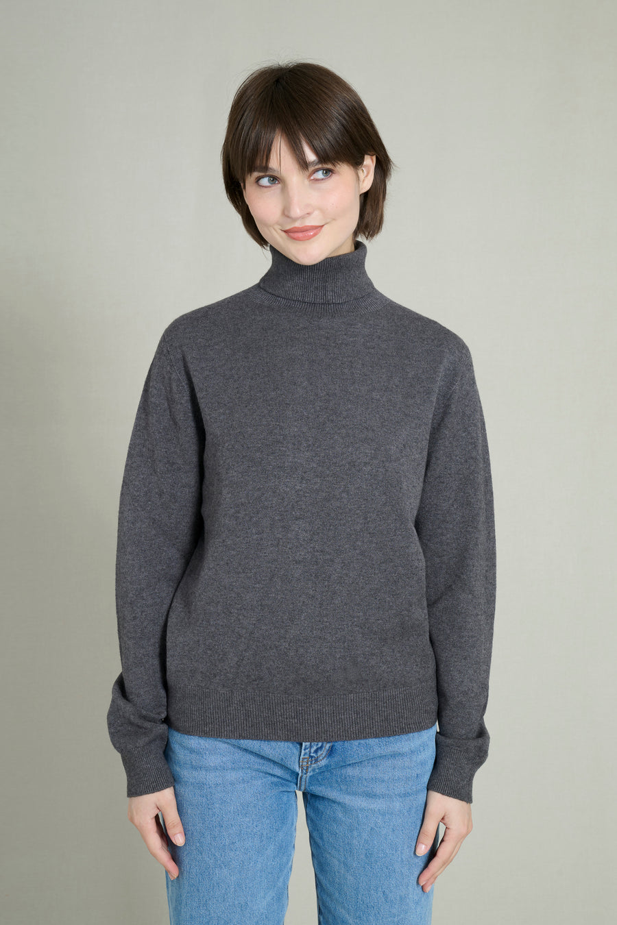 Pull col roulé maille fine sans couture gris