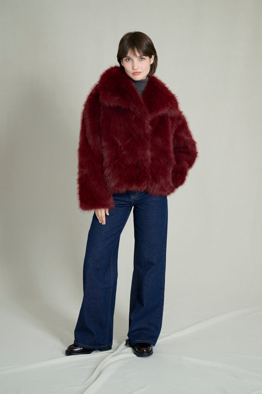 BURGUNDY FAUX FUR COAT