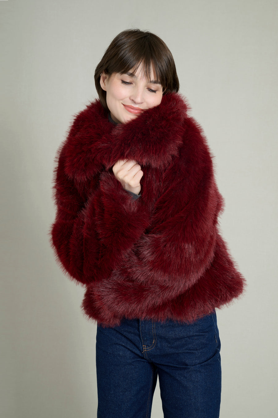 BURGUNDY FAUX FUR COAT