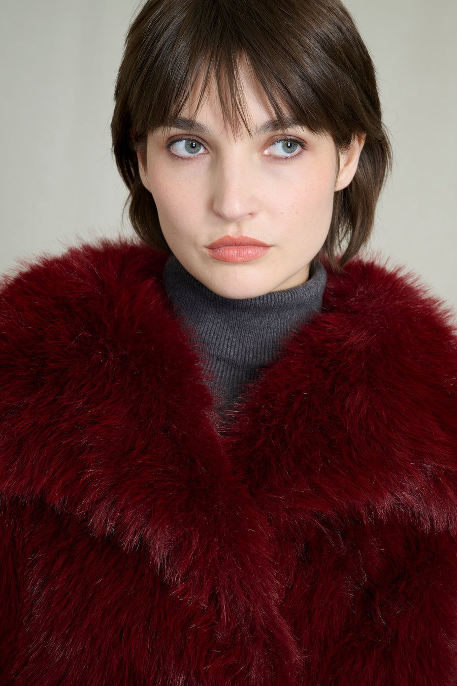 BURGUNDY FAUX FUR COAT