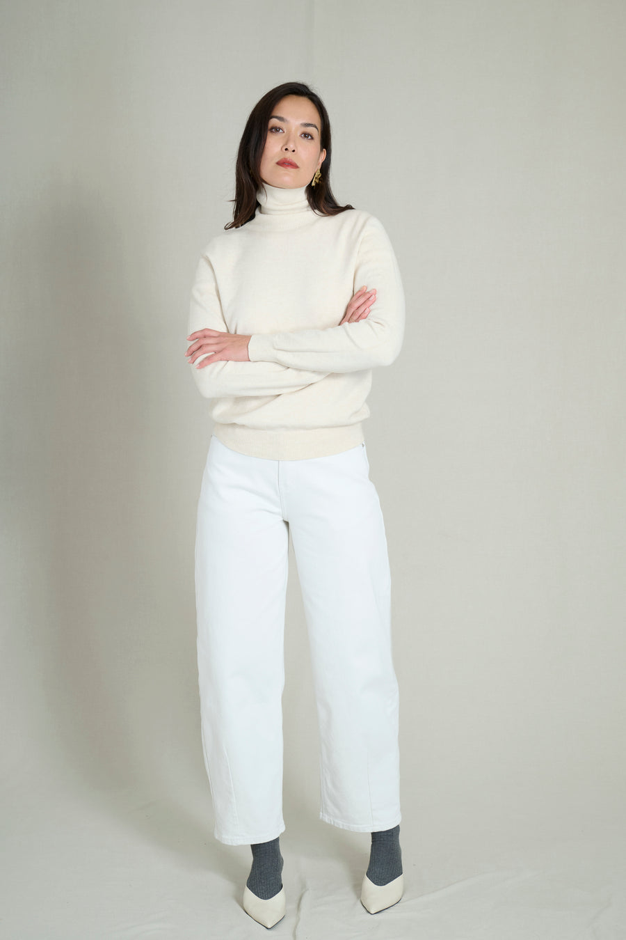 Pull col roulé maille fine sans couture crème