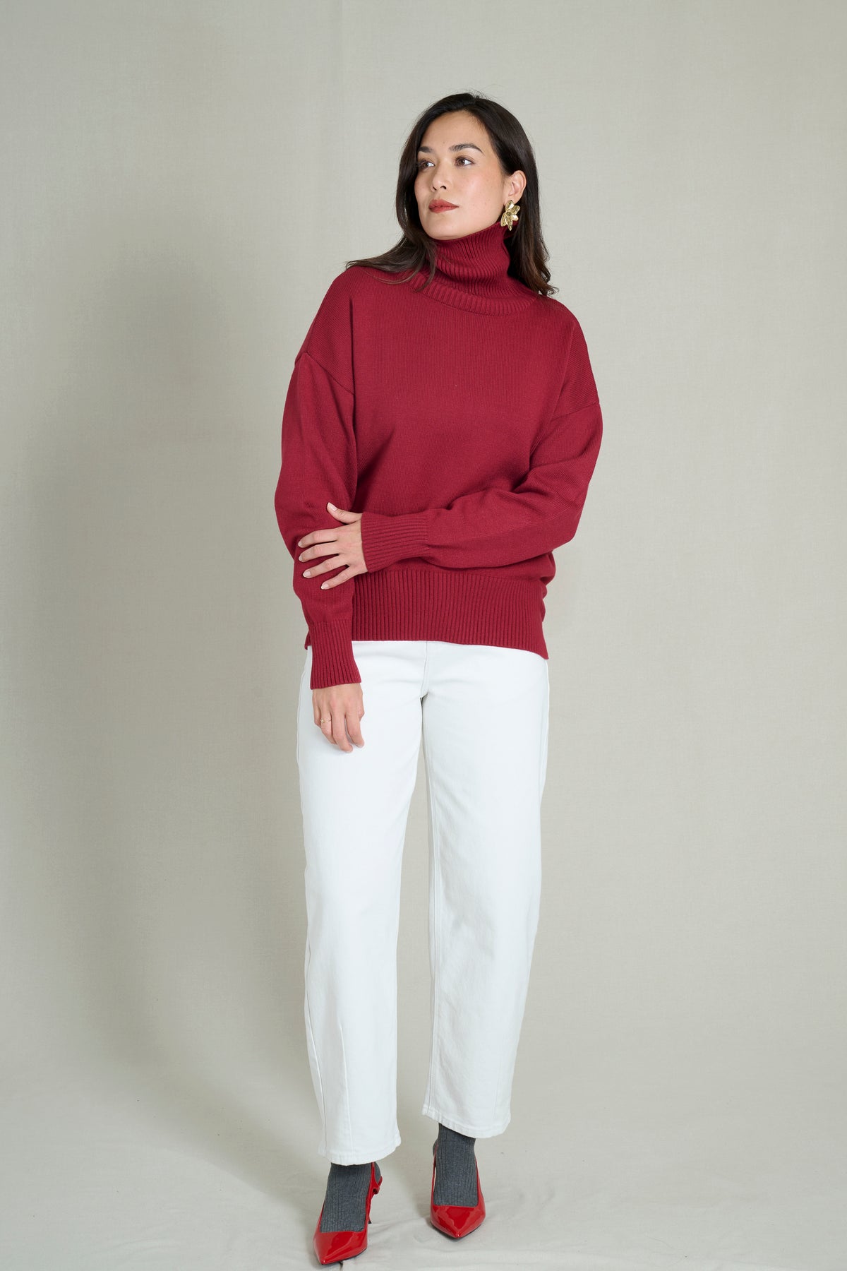 Pull col haut doux et chaud bordeaux