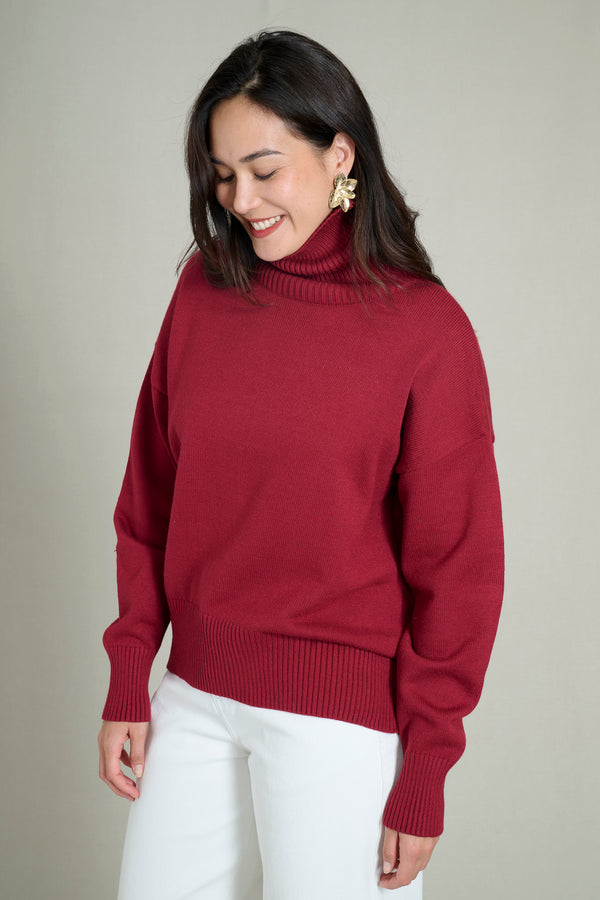 Pull col haut doux et chaud bordeaux