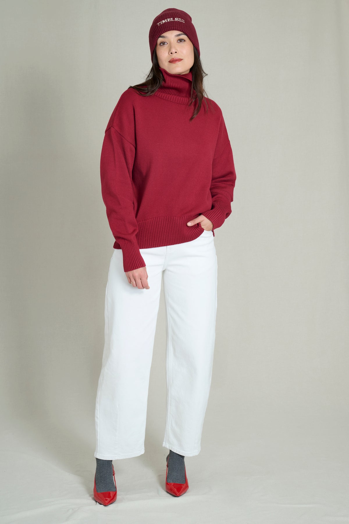 Pull col haut doux et chaud bordeaux
