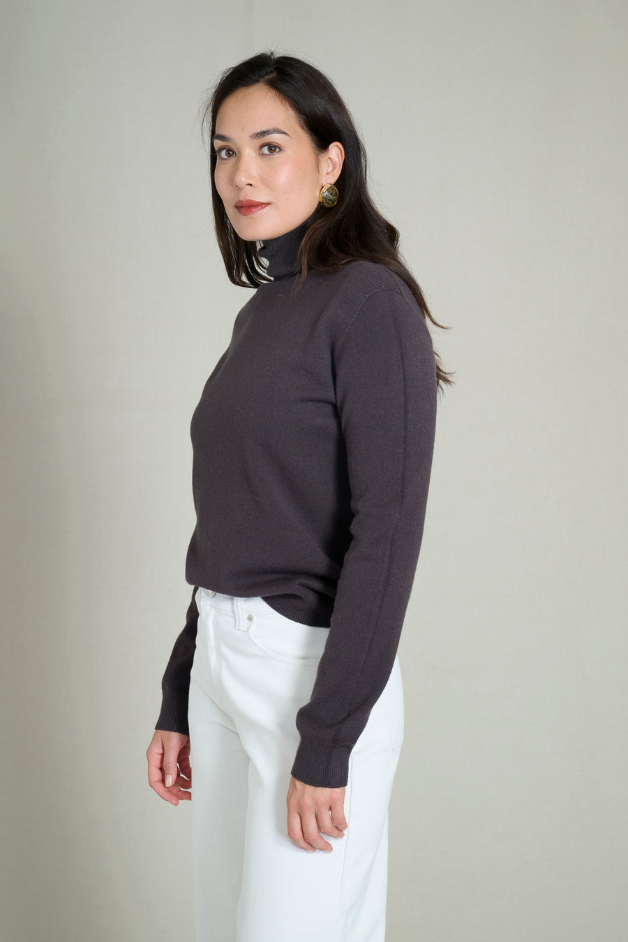 Pull col roulé maille fine sans couture marron