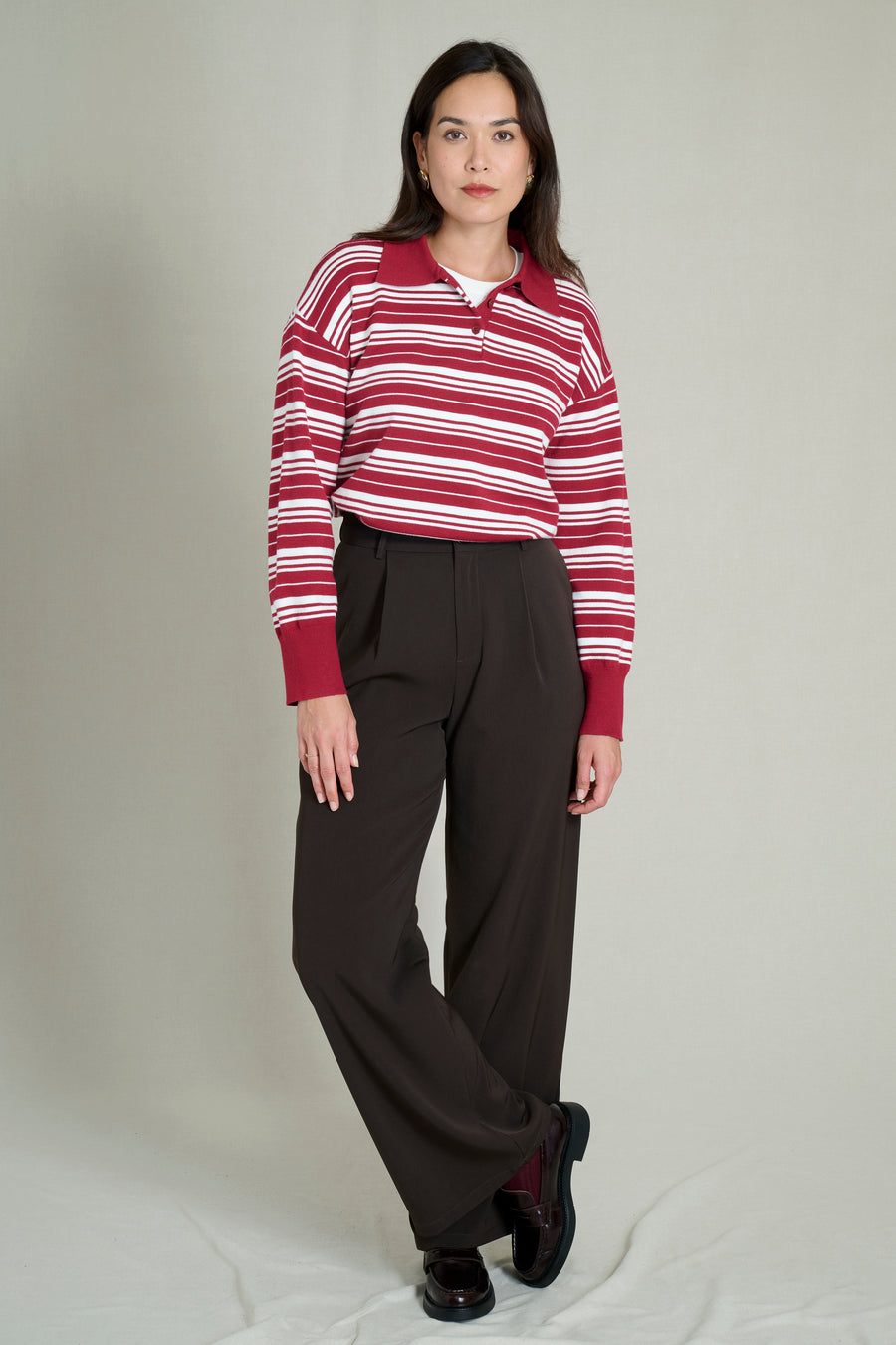 Pull col polo rayé bordeaux et blanc
