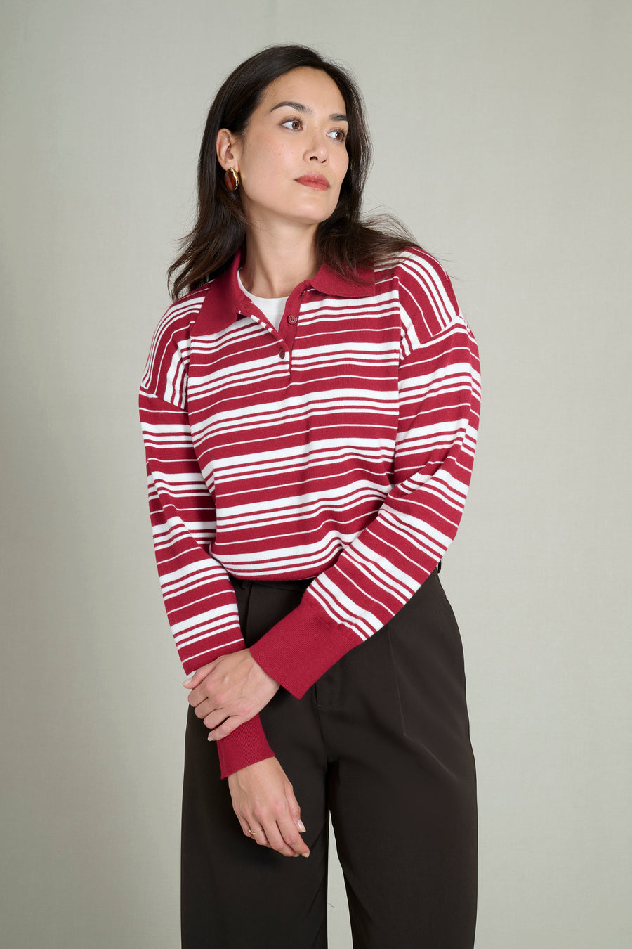 Pull col polo rayé bordeaux et blanc